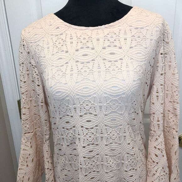 Ronni Nicole pink lace eyelet bell sleeve dress size medium - Picture 2 of 14